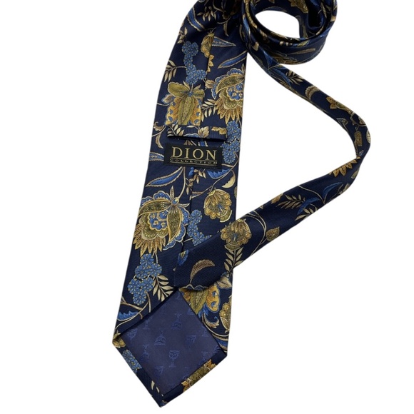 DION Navy Floral Leaf Silk DESIGNER Tie HANDMADE CANADA - Picture 2 of 4